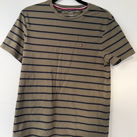 Tommy Hilfiger Slim Fit Stretch Stripe Tee. Green & Navy, Size M - Picture 4 of 5
